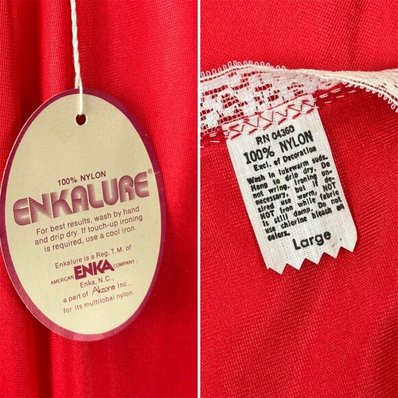 Vintage 80s Red Nightgown Women's Size M Valentines White Lace Deep V Nightie De - Picture 10 of 10